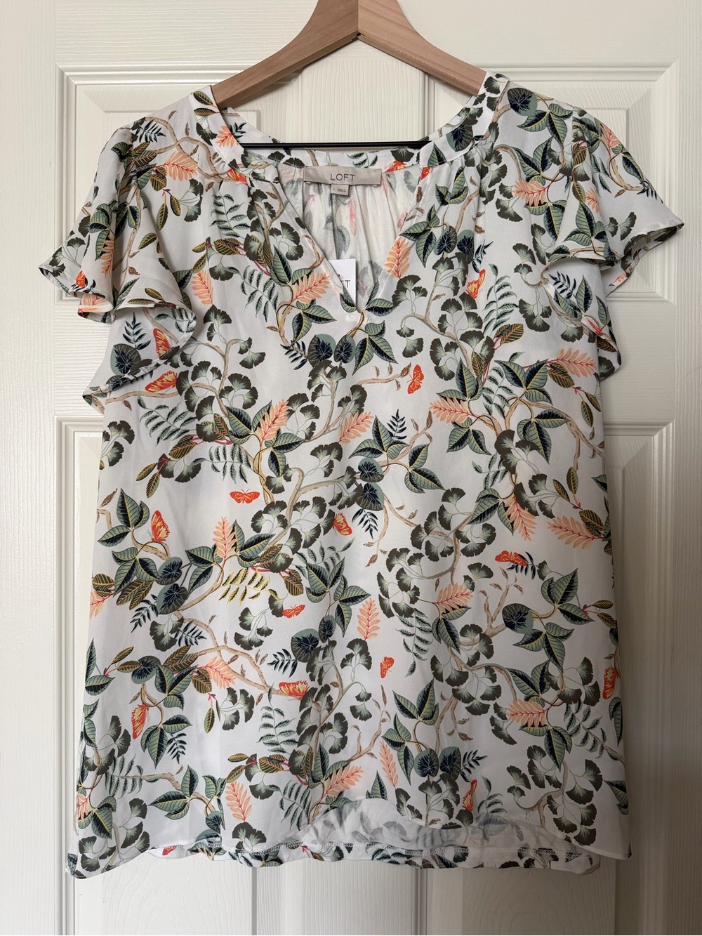 LOFT White Botanical V-Neck Flutter Sleeve Blouse with Green and Peach Leaves